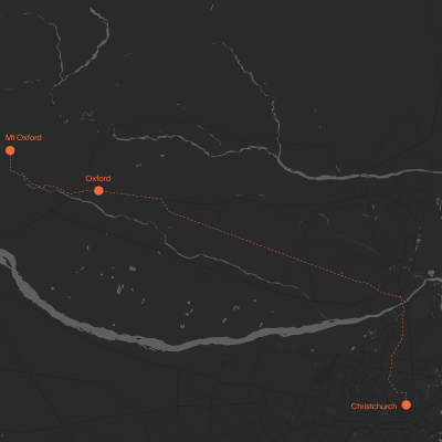 Map showing Christchurch to Oxford to Ryde Falls