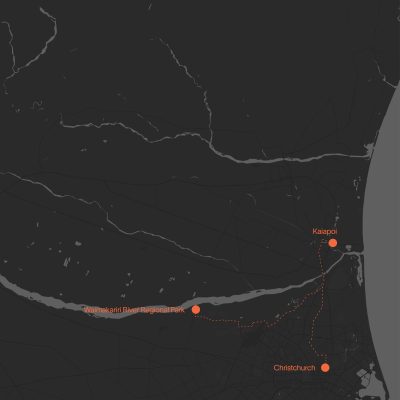 Map from Christchurch to Waimakariri Regional Park to Kaiapoi